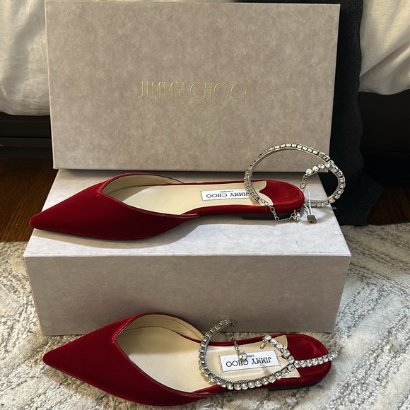 BRAND NEW JIMMY CHOO RED VELVET SAEDA FLATS SIZE 9.5 - Picture 2 of 7